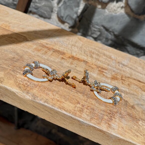 Prada Round Ivory Saffiano Leather Drop Crystal Earrings - Picture 10 of 11